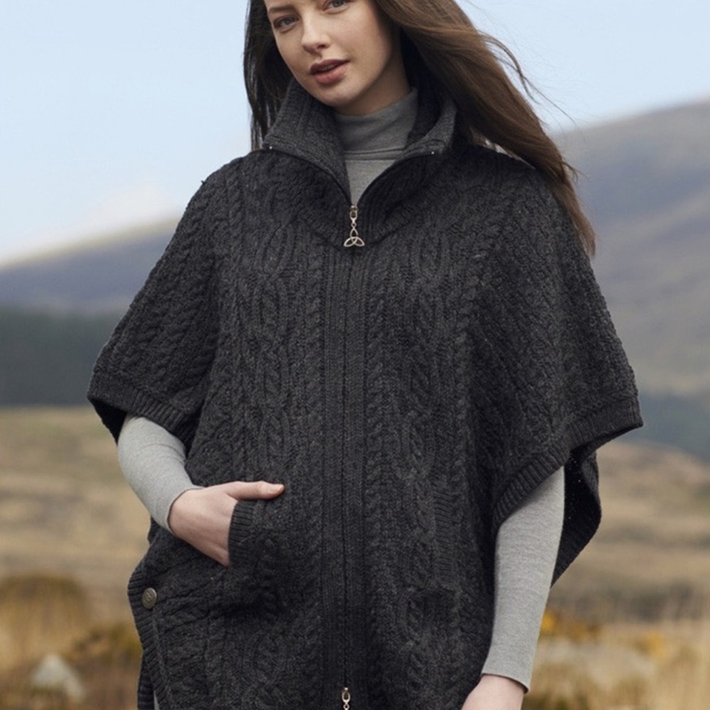 100% Merino Wool Elegant Dark Gray Cable Knit Poncho